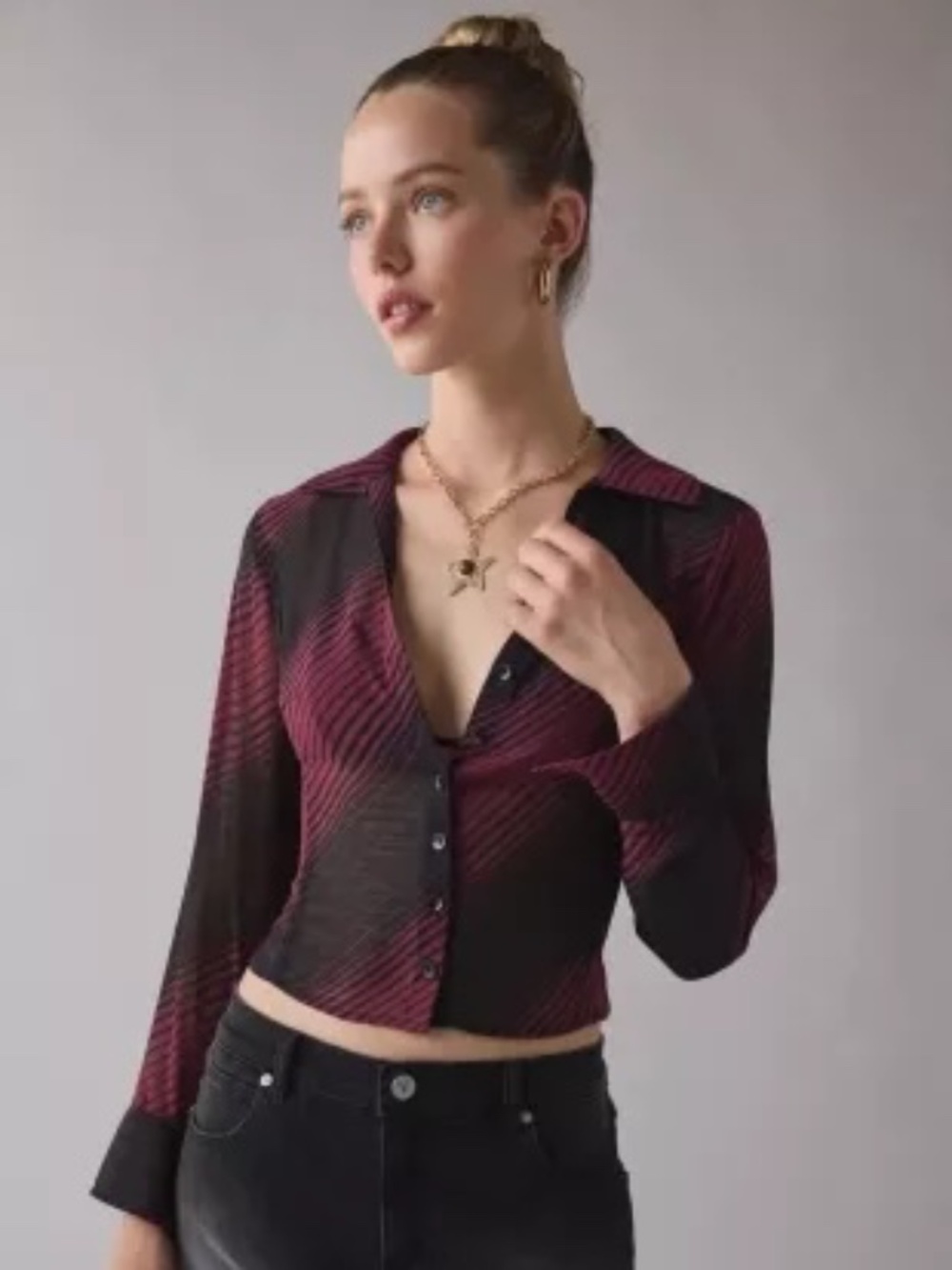 Urban Outfitters Kimchi Blue Sheer Perfection Chiffon Slim Long Sleeve Button-Up